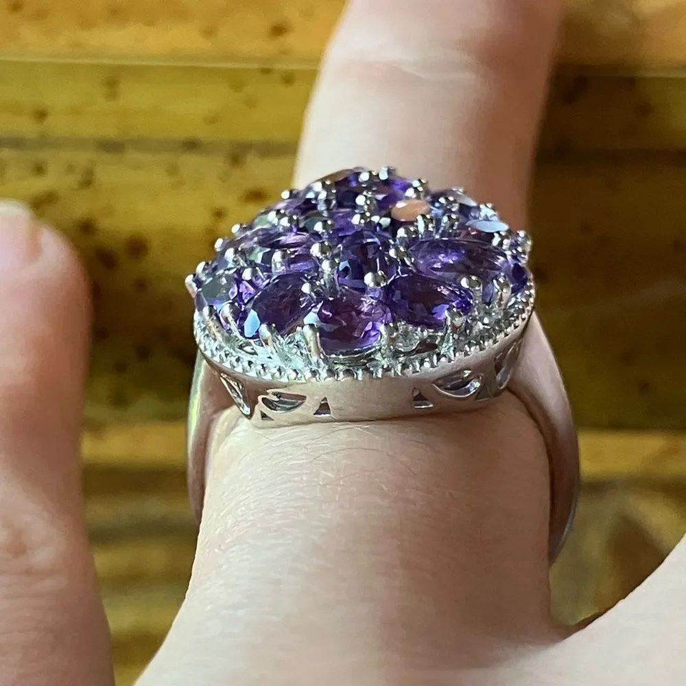Natural Amethyst White Zircon Sterling Silver Cocktail Ring Size 7